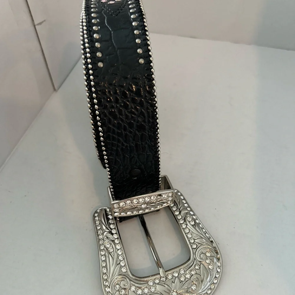 Womens Black Belt Pink,Blue & Silver Gems W/ Interchangeable Buckle  Size L 41”